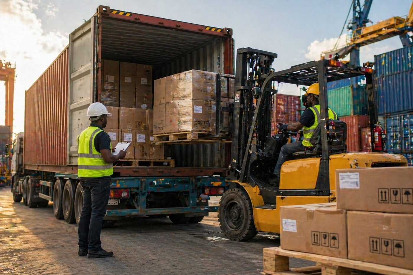 Chargement de marchandises dans un conteneur sur une plateforme logistique
