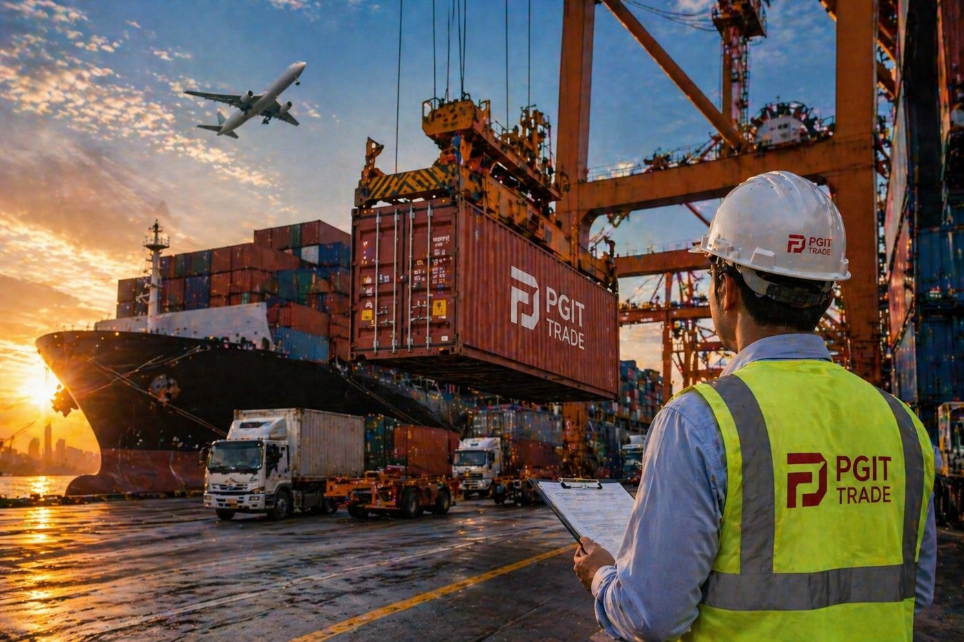 Conteneur PGIT TRADE sur un terminal portuaire au coucher du soleil