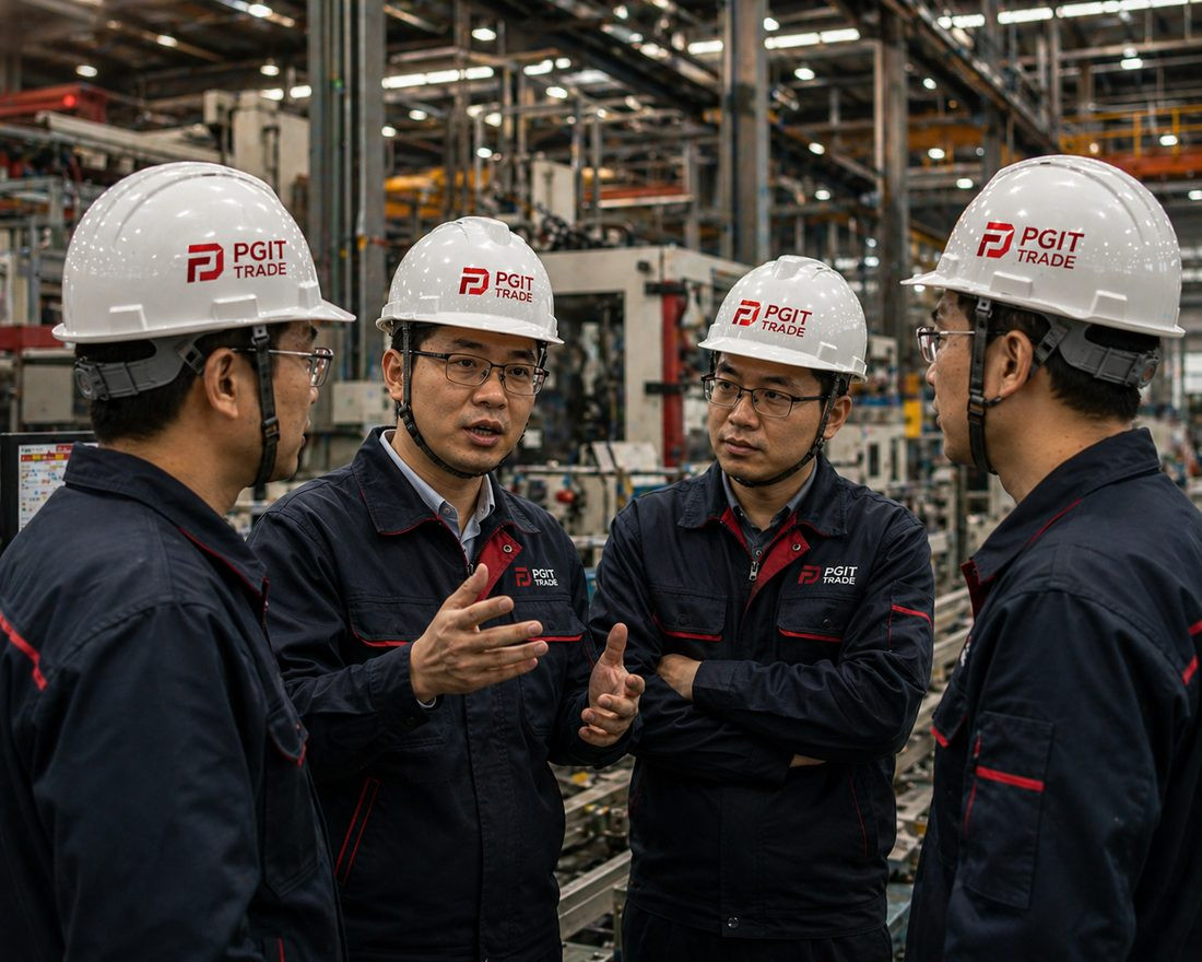 Équipe PGIT TRADE en visite d’usine, casques de chantier au logo PGIT